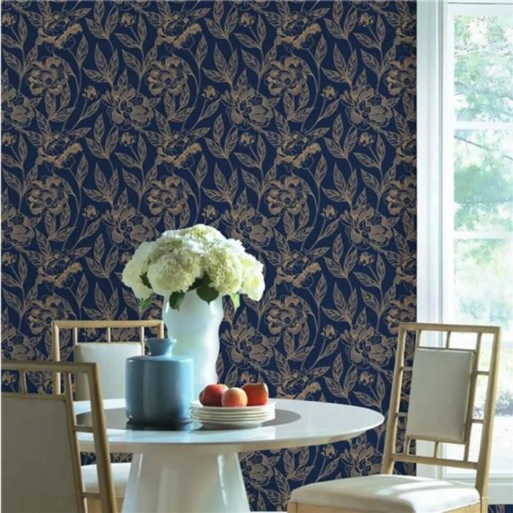 Vinjiasin Peel and Stick Wallpaper Blue and Gold Floral Contact Paper Modern